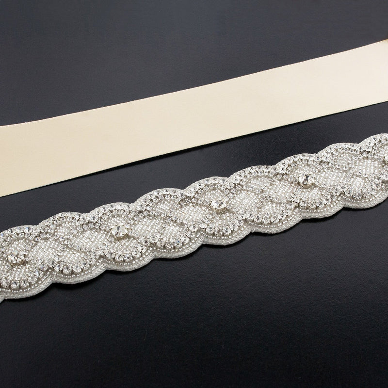 Sash with Scalloped Crystal Applique - beige