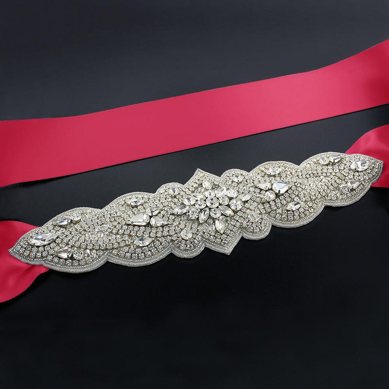 Red Bridal Sash with Tapered Rhinestone Applique