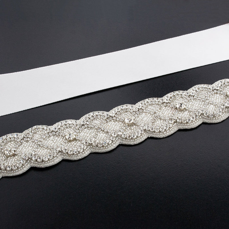 Sash with Scalloped Crystal Applique - ghost white