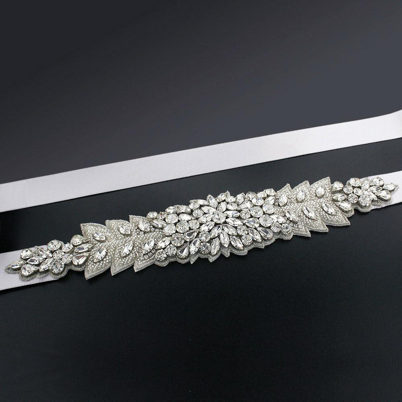 Bridal Sash with Marquise Crystal Detailing - ghost white