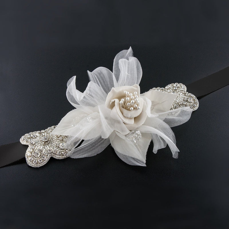Sash with Silk Flower & Crystal Accents