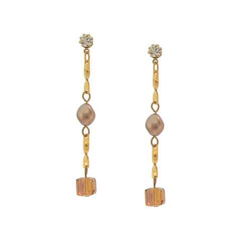 Bronze Pearl & Champagne Crystal Earrings on Chain - CH9E