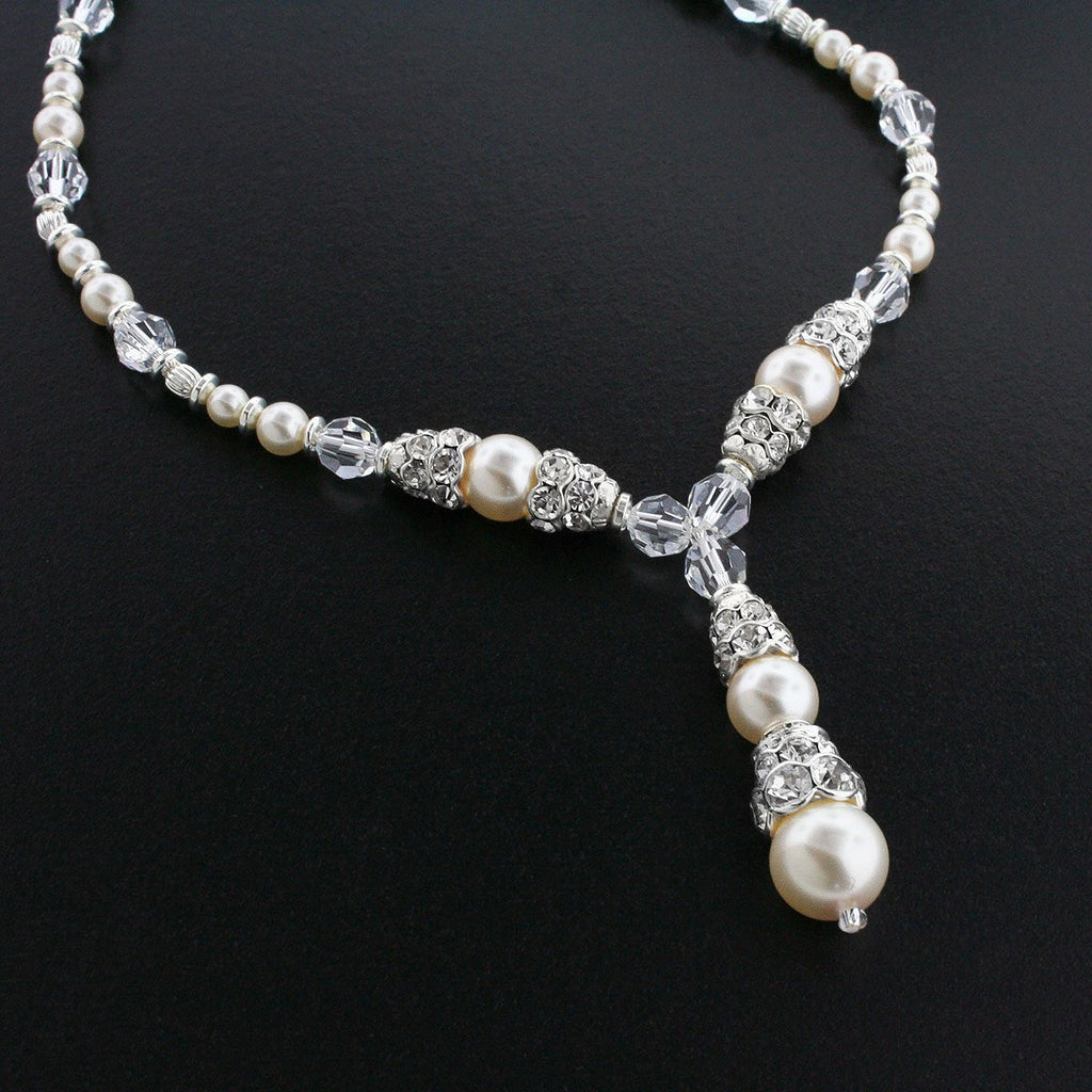 Crystal & Pearl Bridal Necklace with Drop