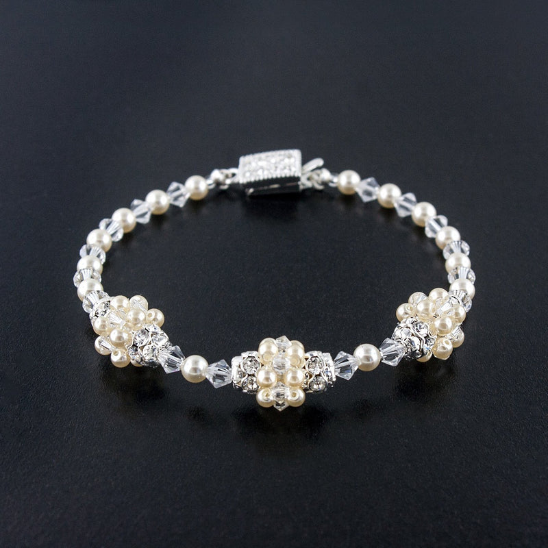 Pearl & Crystal Multi Cluster Bracelet - cream/silver