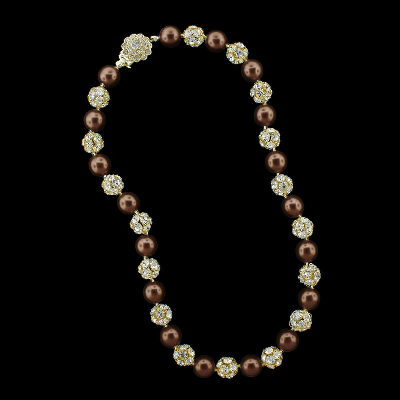 Chocolate pearl and gold rhinestone bead necklace