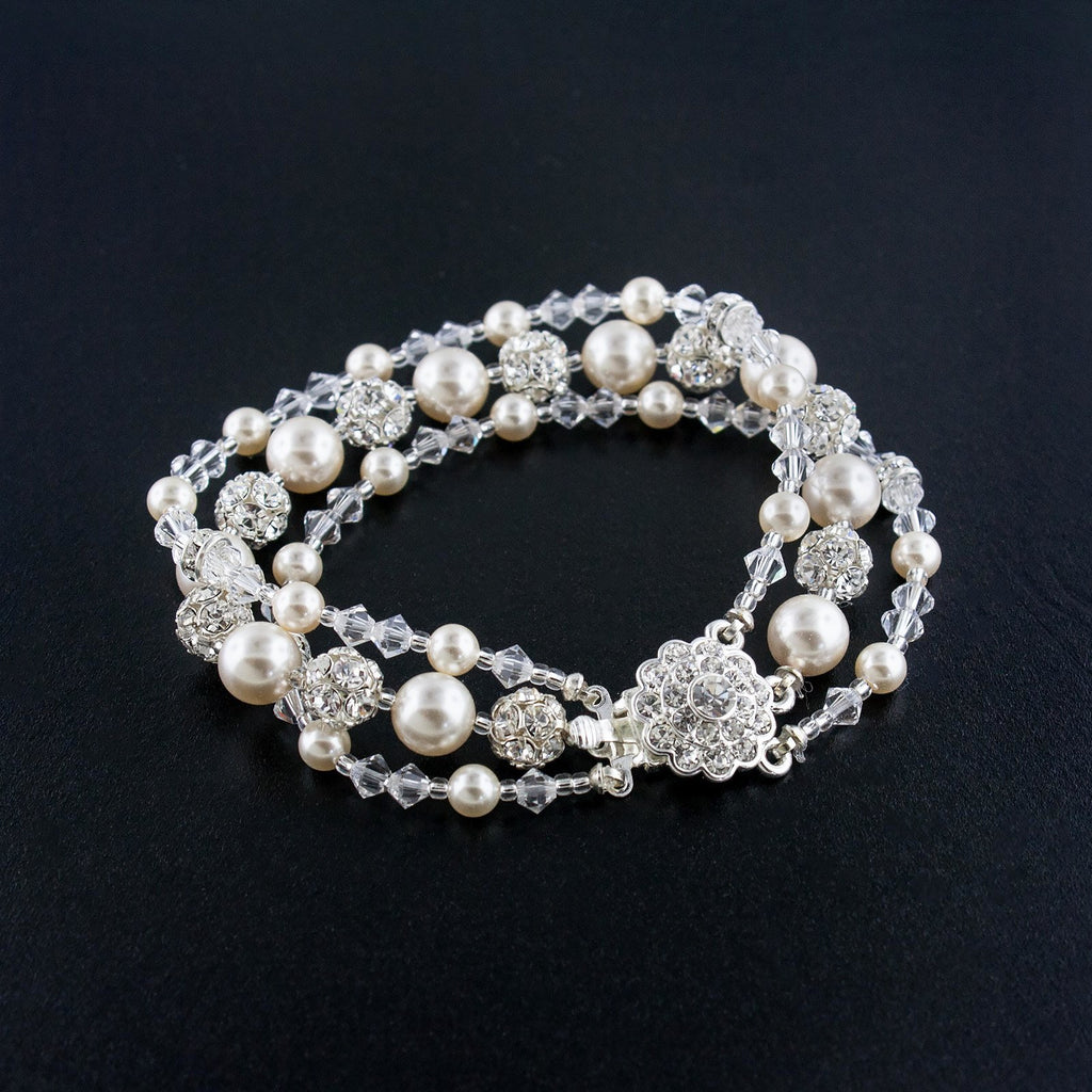 Three Row Beaded Wedding Bracelet - Cream Pearl