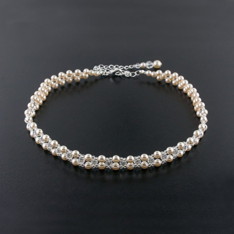 Woven Pearl & Crystal Choker Necklace - white