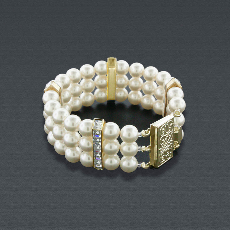 3 Row Pearl Bracelet with Princess Cut Crystals - Gold