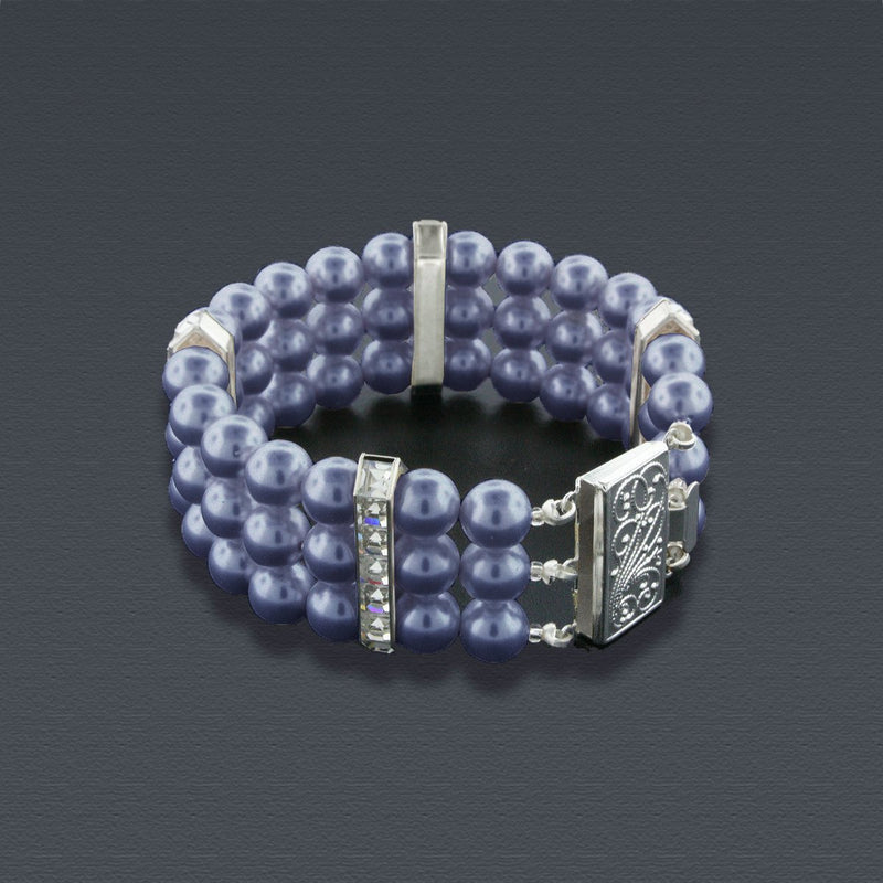 3 Row Dark Grey Pearl Bracelet with Princess Cut Crystals