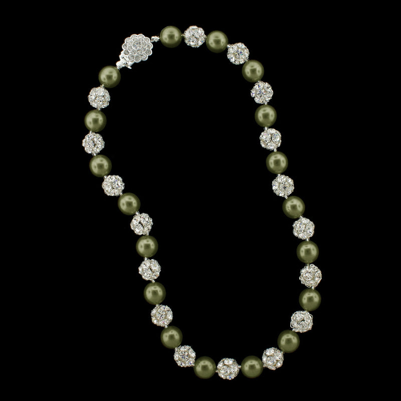 Dark olive pearl and silver rhinestone bead necklace
