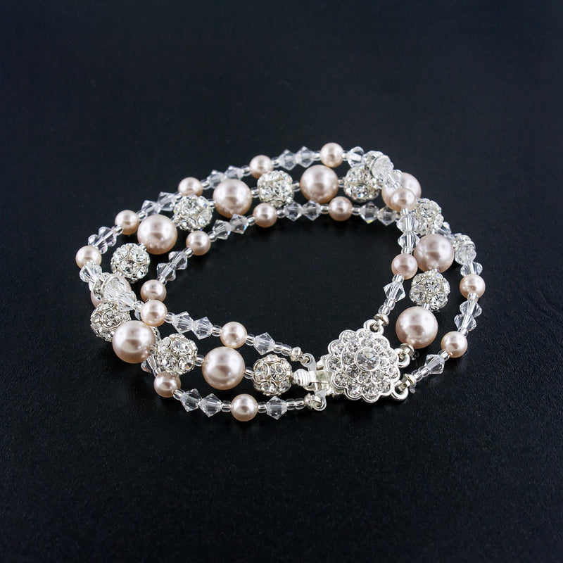 Three Row Beaded Wedding Bracelet - Rose pearl