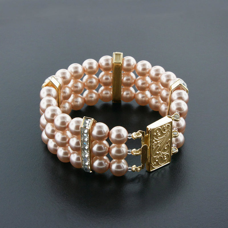 Dark Rose 3 Row Pearl Bracelet with Princess Cut Crystals - Gold