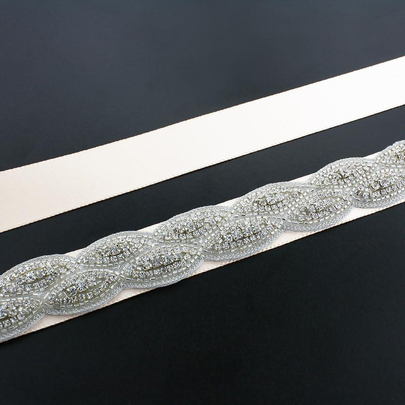 Crystal Bridal Sash with Braided Pattern - medium white ribbon