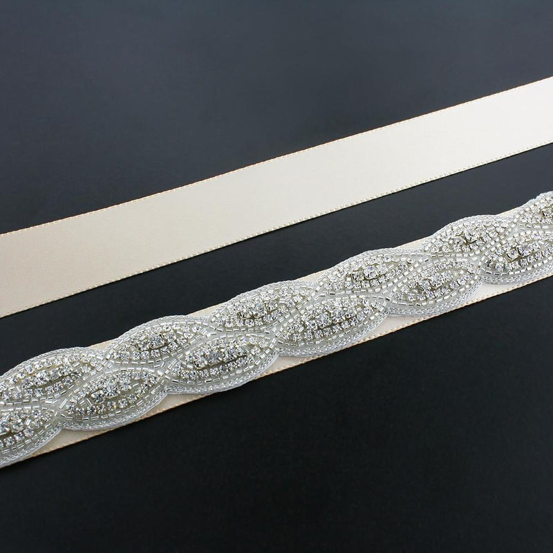 Crystal Bridal Sash with Braided Pattern - light ivory ribbon