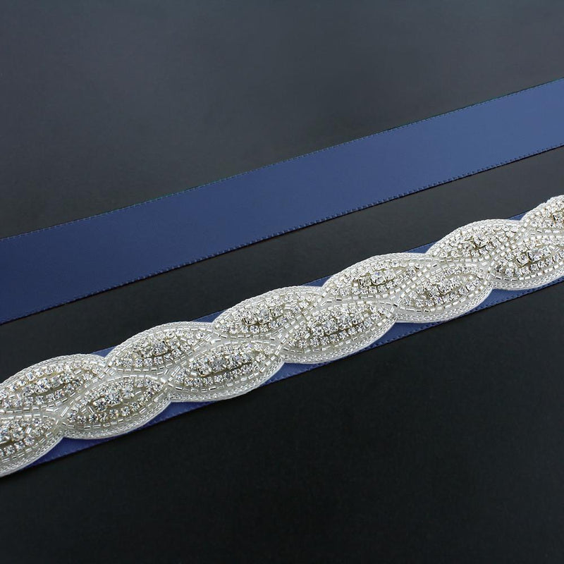 Crystal Bridal Sash with Braided Pattern - blue ribbon