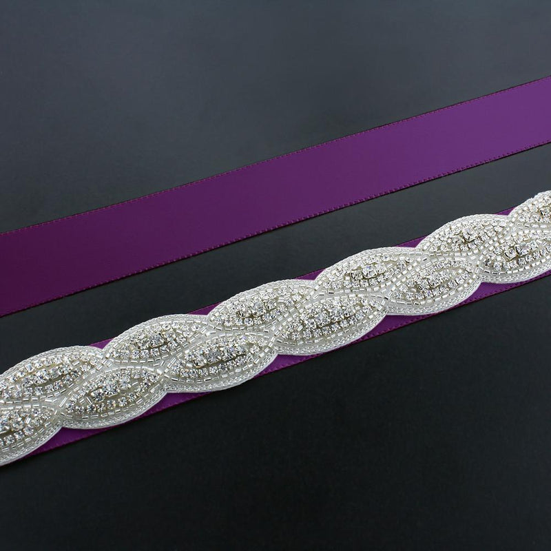 Crystal Bridal Sash with Braided Pattern - purple ribbon