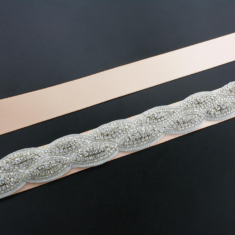 Crystal Bridal Sash with Braided Pattern - beige ribbon