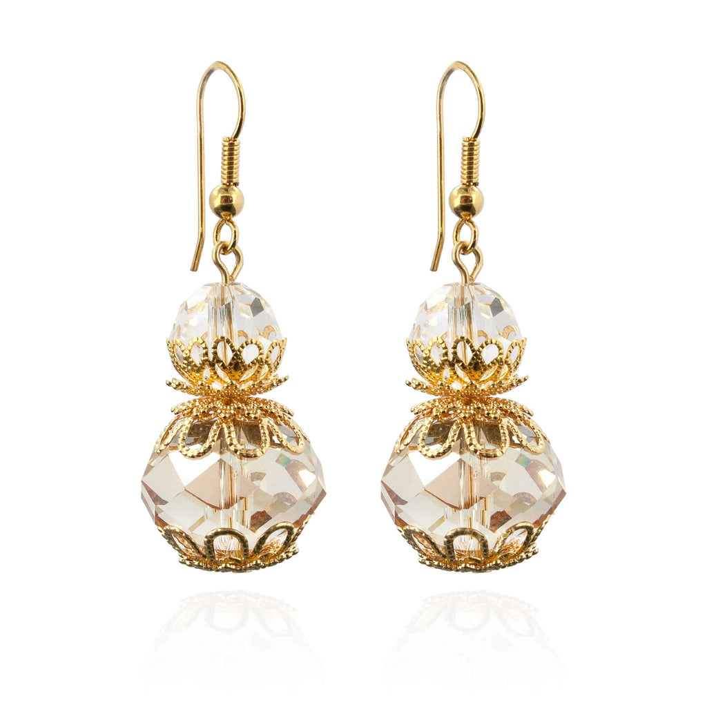 Champagne beaded drop earrings with filigree accents