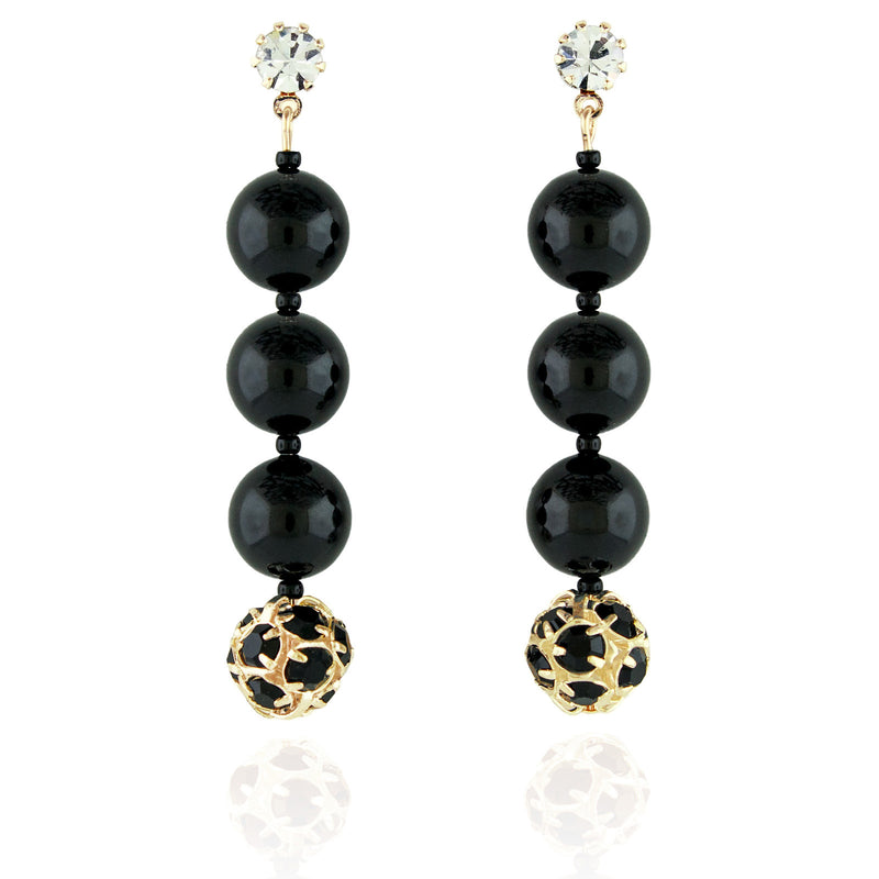 Black Pearl & Rhinestone Bead Earrings - long
