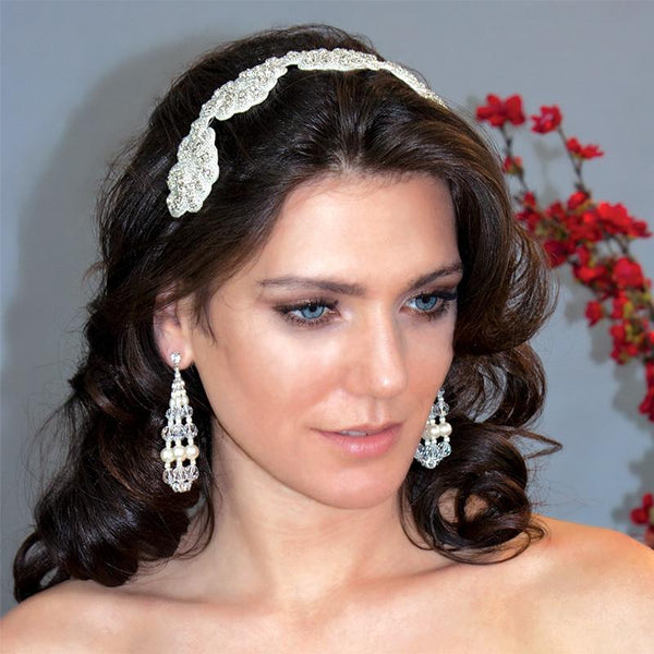 Giavan HB41 Art Nouveau Bridal Headband Headpiece Ivory Silver Beaded Giavan Bridal Headpiece Headband HB41 Art Nouveau Swarovski  main image 3