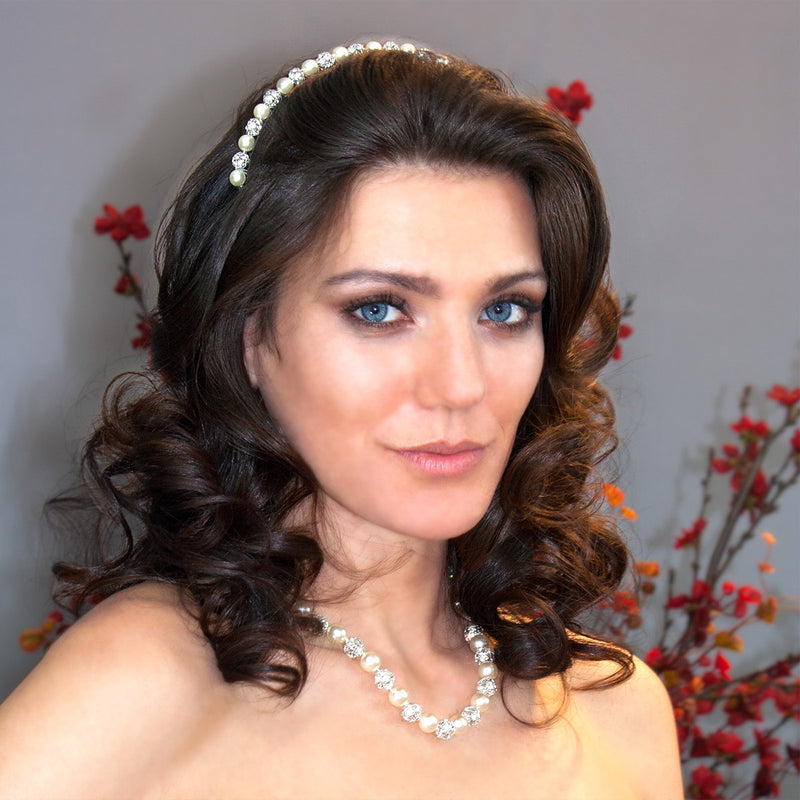 White pearl and silver rhinestone bead necklace on model