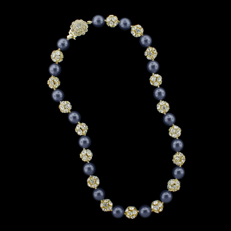 Navy pearl and gold rhinestone bead necklace
