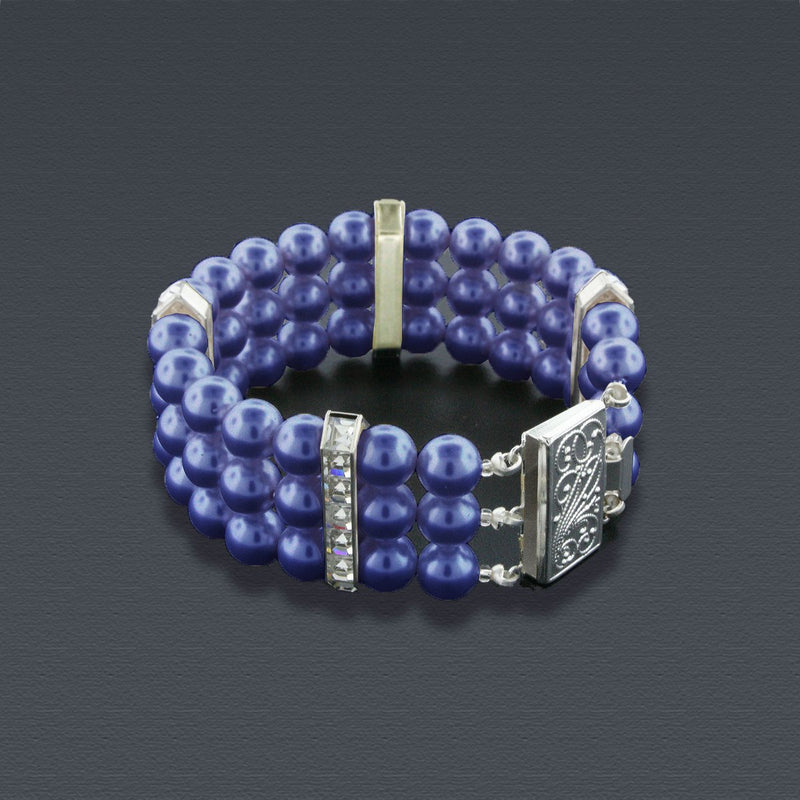 3 Row Navy Pearl Bracelet with Princess Cut Crystals