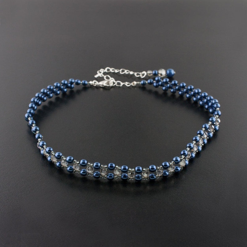 Woven Pearl & Crystal Choker Necklace - navy