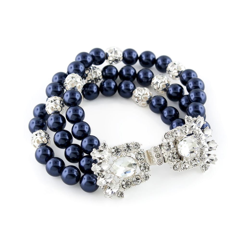 3-Row Pearl Bracelet with Fancy Clasp - navy