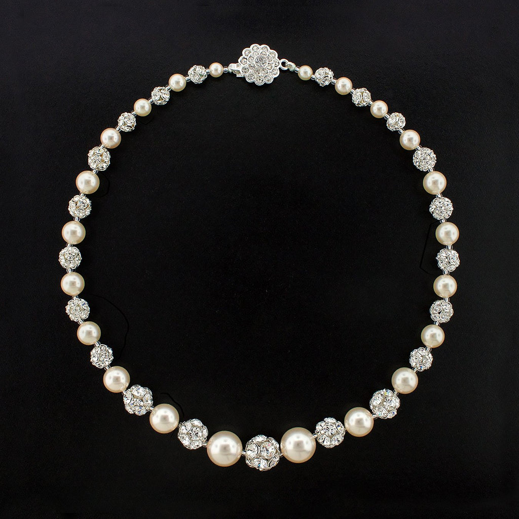 Graduated Pearl Necklace with Rhinestone Beads