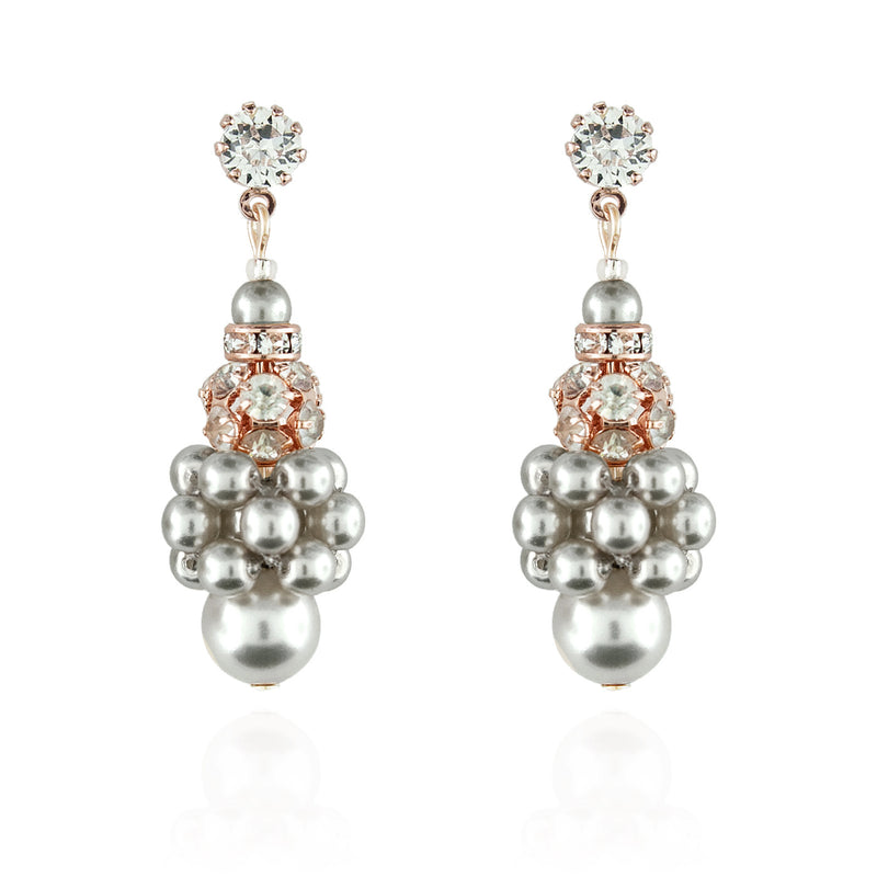Pearl Cluster Earrings with Rhinestone Beads - light grey, rose gold