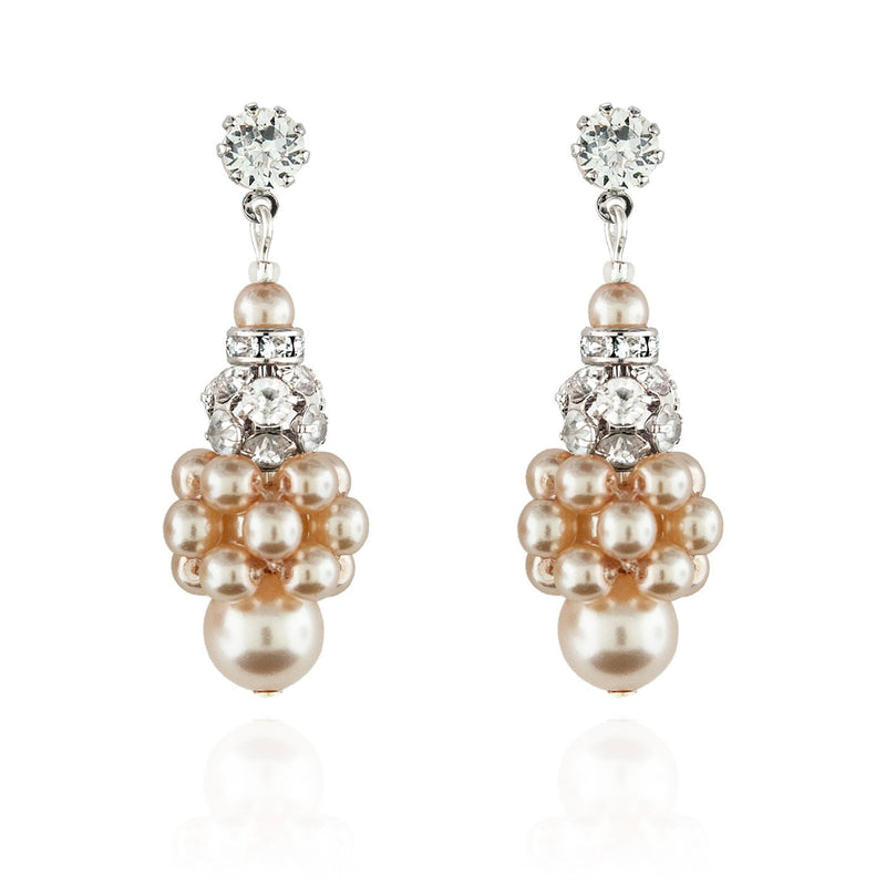 Pearl Cluster Earrings with Rhinestone Beads - Dark rose, silver