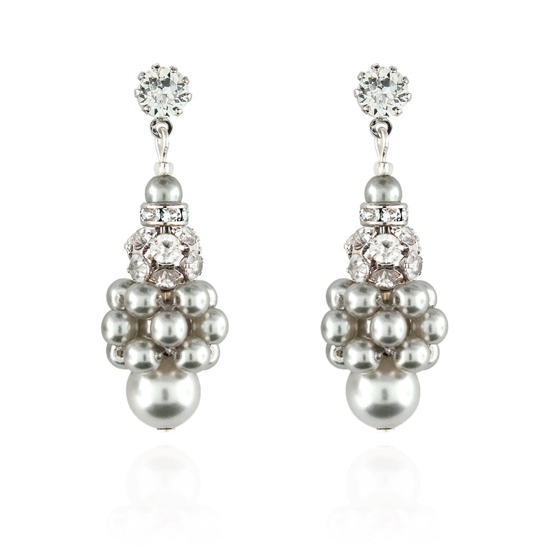 Pearl Cluster Earrings with Rhinestone Beads - light grey, silver