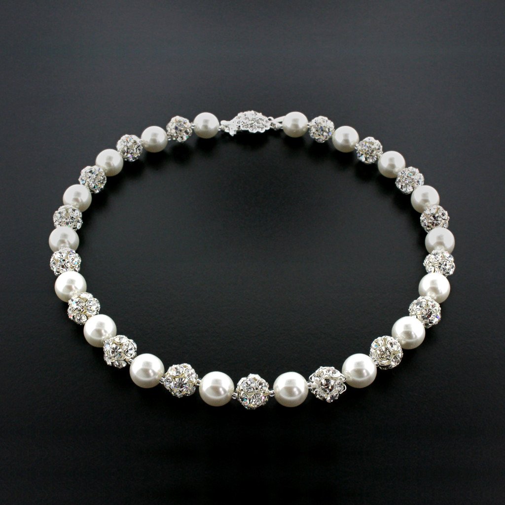 White pearl and silver rhinestone bead necklace