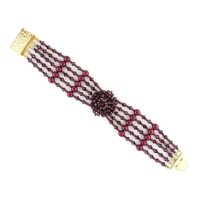 Multi-Row Beaded Bracelet with Cluster - Burgundy, Gold Plate