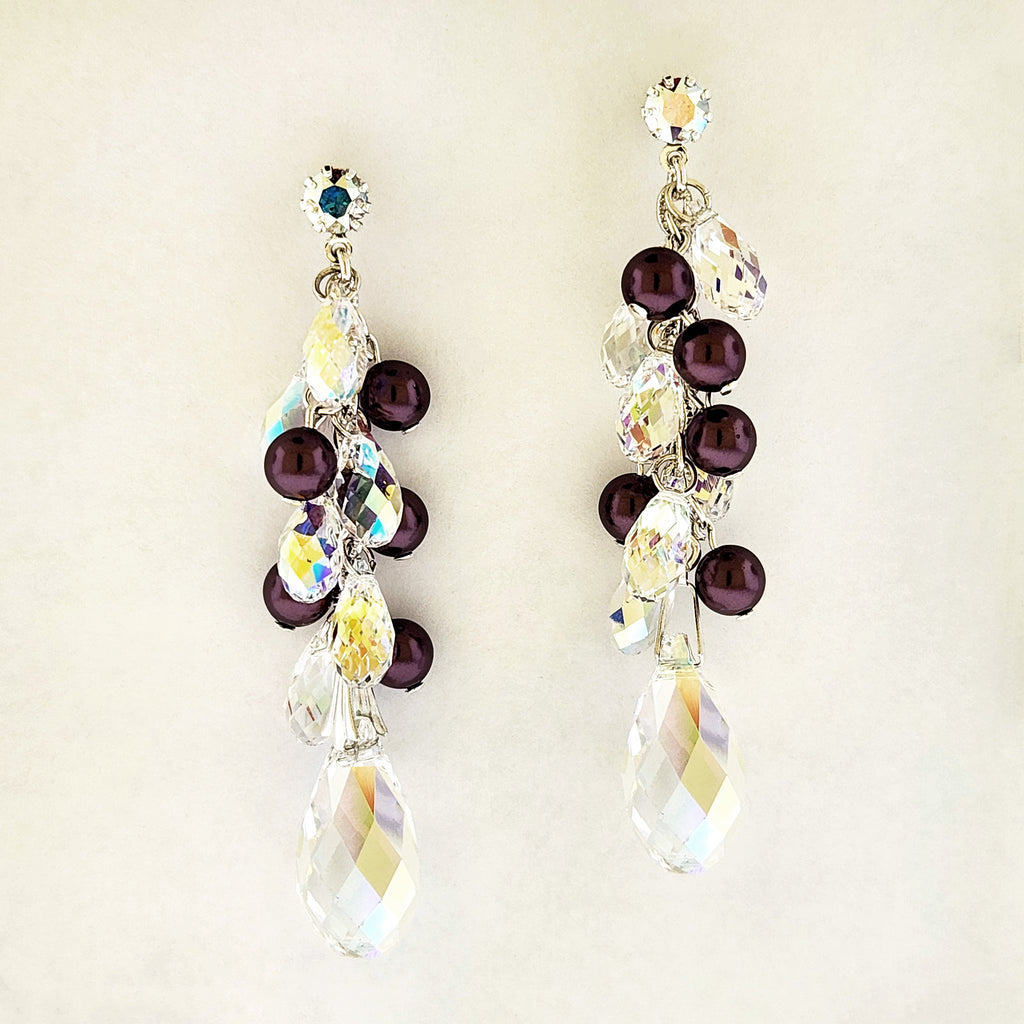 Iridescent Cluster Drop Earrings with Light Burgundy Accents