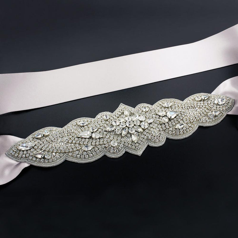 Ghost White Bridal Sash with Tapered Rhinestone Applique