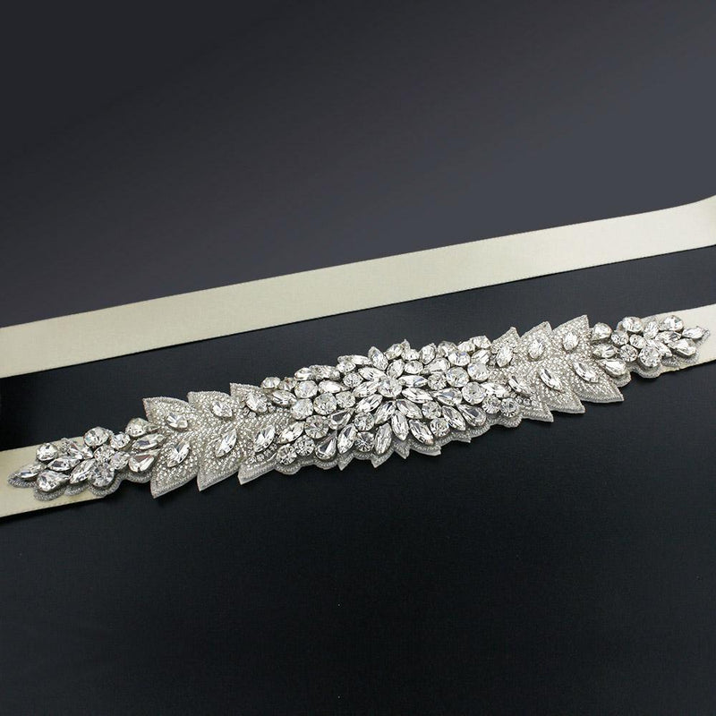 Bridal Sash with Marquise Crystal Detailing - beige