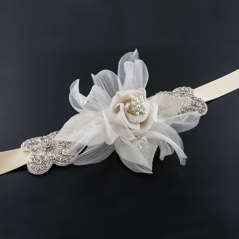 Sash with Silk Flower & Crystal Accents
