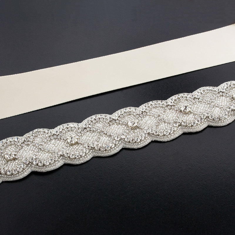 Sash with Scalloped Crystal Applique - ivory