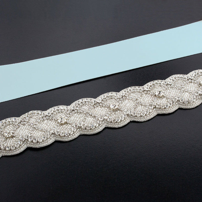 Sash with Scalloped Crystal Applique - powder blue
