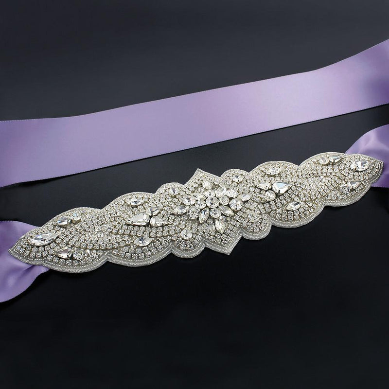 Lavender Bridal Sash with Tapered Rhinestone Applique