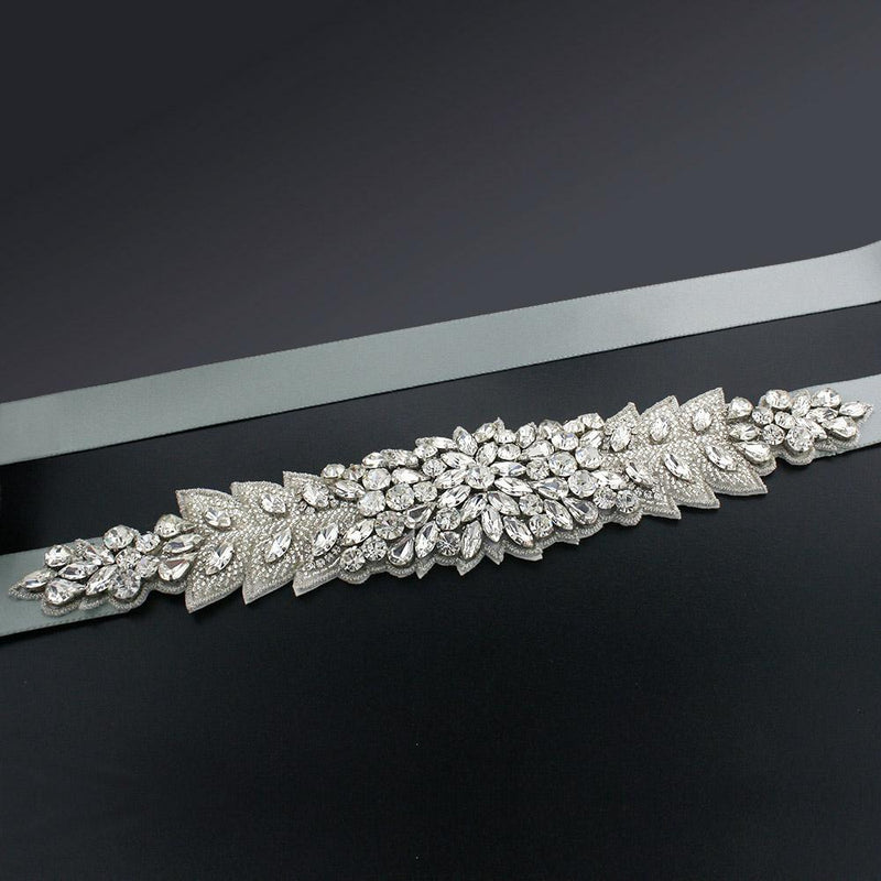 Bridal Sash with Marquise Crystal Detailing - taupe grey