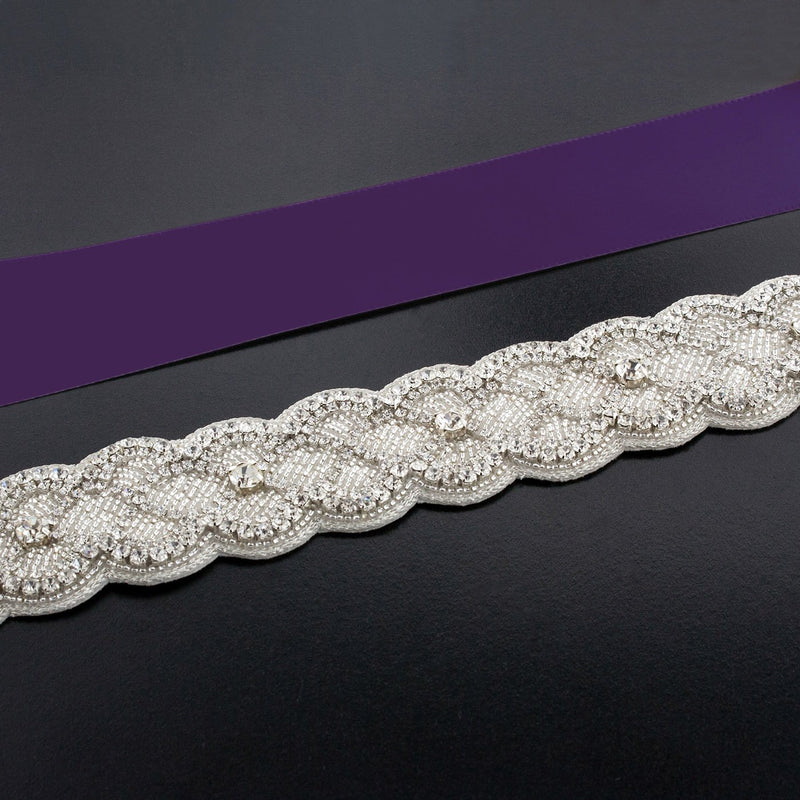 Sash with Scalloped Crystal Applique - eggplant
