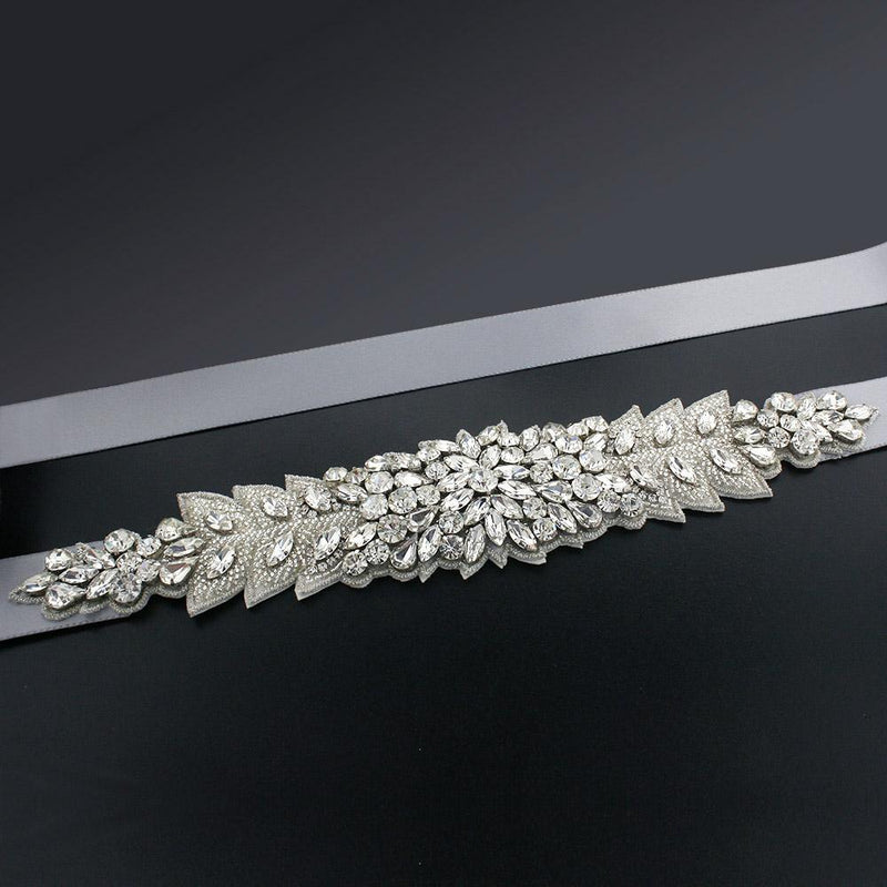 Bridal Sash with Marquise Crystal Detailing - silver gray