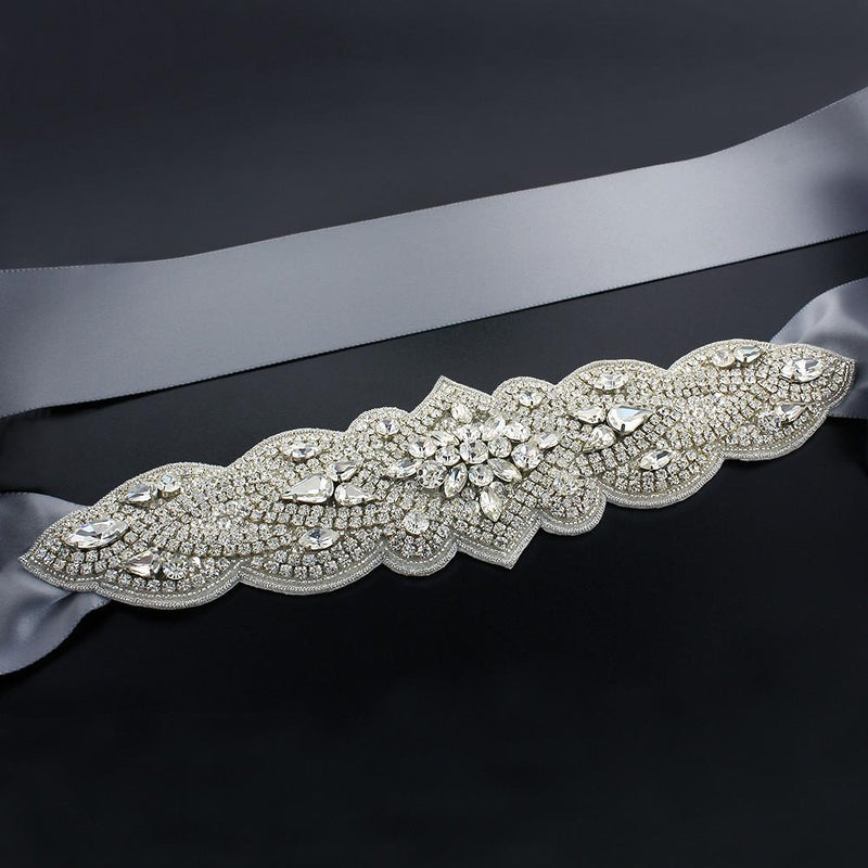 Silver Gray Bridal Sash with Tapered Rhinestone Applique