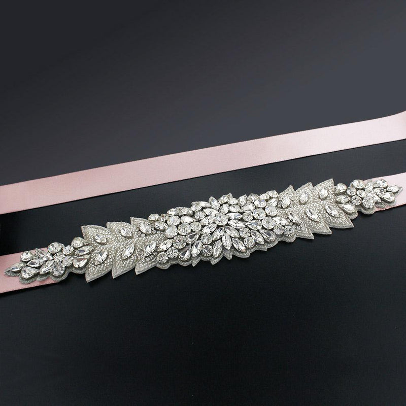 Bridal Sash with Marquise Crystal Detailing - light pink