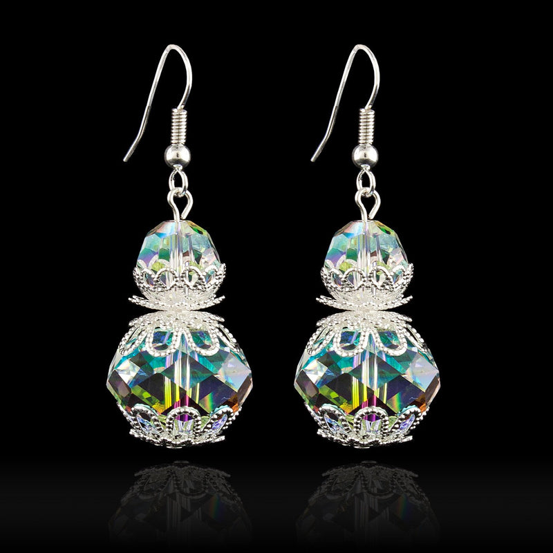 Iridescent beaded drop earrings with filigree accents