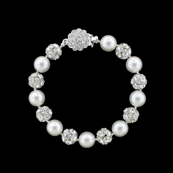 10mm Pearl & Rhinestone Bead Bracelet - white pearls