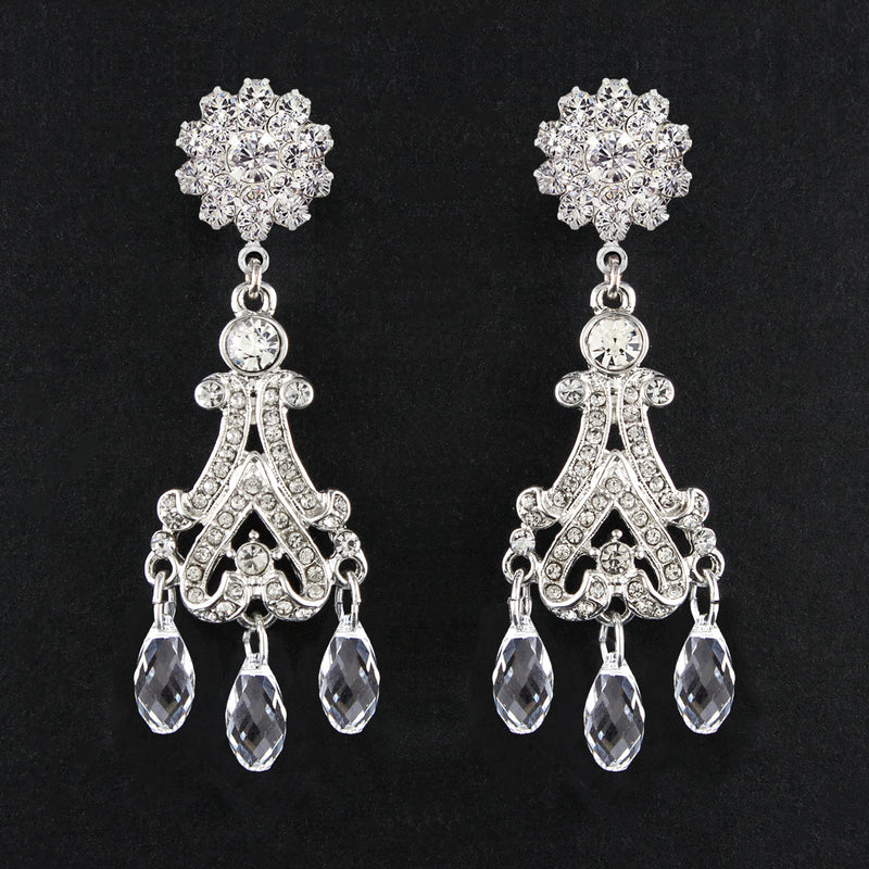 Victorian Chandelier Earrings with Crystal Drops - flower top